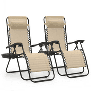 MoNiBloom Lounge Chairs Set of 2, with Headrest and Cup Holder Patio Lawn Chair Outdoor Recliner for Deck, Patio, Beach, Cream
